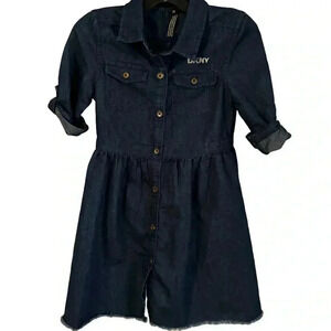 DKNY Girls Blue Chambray Denim Dress Rolled Sleeve, Raw Hem Size 4T